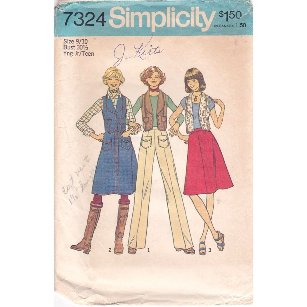 Vintage Sewing PATTERN Simplicity 7324, Young Junior Teen 1975 Vest Skirt Pants